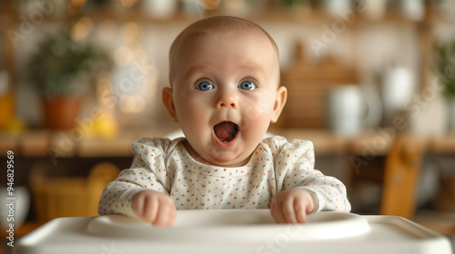 An excited toddler with his mouth open and his eyes wide open looks at the camera.