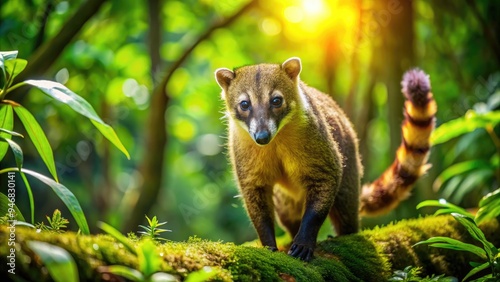 A curious coati with a bushy tail and pointed snout explores a scenic forest floor, surrounded by vibrant green foliage and dappled sunlight. photo