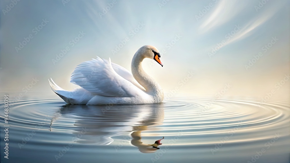 Fototapeta premium A delicate, hand-drawn swan floats peacefully on a calm lake, surrounded by subtle ripples, against a soft, white background, evoking serenity and tranquility.