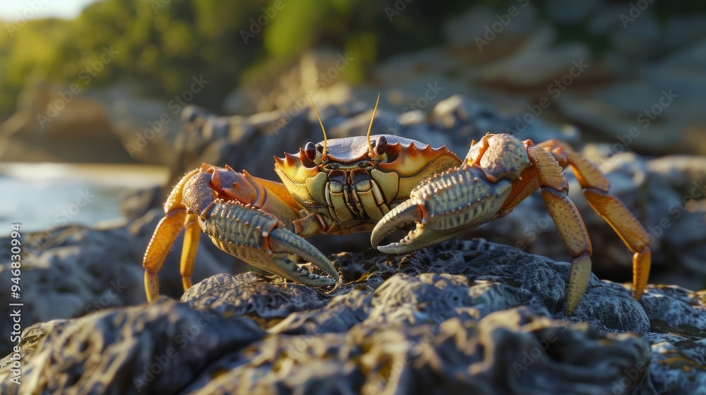 Crab in foreground with natural landscape generative ai Crab in foreground with natural landscape generative ai