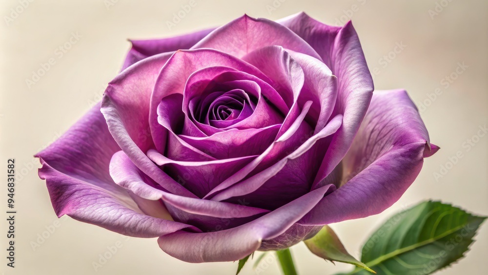 A delicate, velvety purple rose blooms in solitary splendor against a soft, creamy white background, its petals unfolding like tender, royal velvet. A delicate, velvety purple rose blooms in solitary splendor against a soft, creamy white background, its petals unfolding like tender, royal velvet.