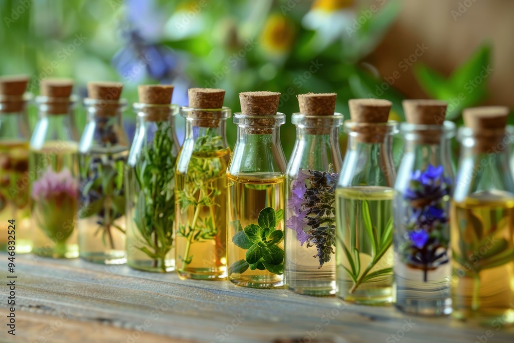 Several bottles filled with essential oil and containing fresh herbs are lined up on a wooden table Several bottles filled with essential oil and containing fresh herbs are lined up on a wooden table