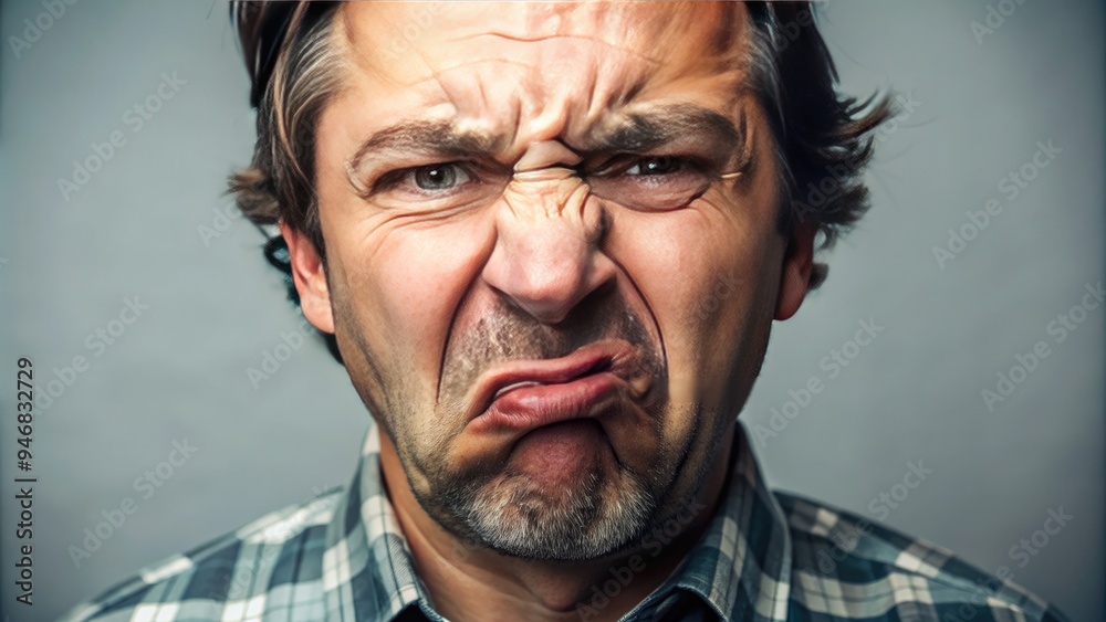Obraz premium A disgusted person scrunches up their face in distaste, wrinkling their nose and pursing their lips in a comedic expression of strong displeasure.