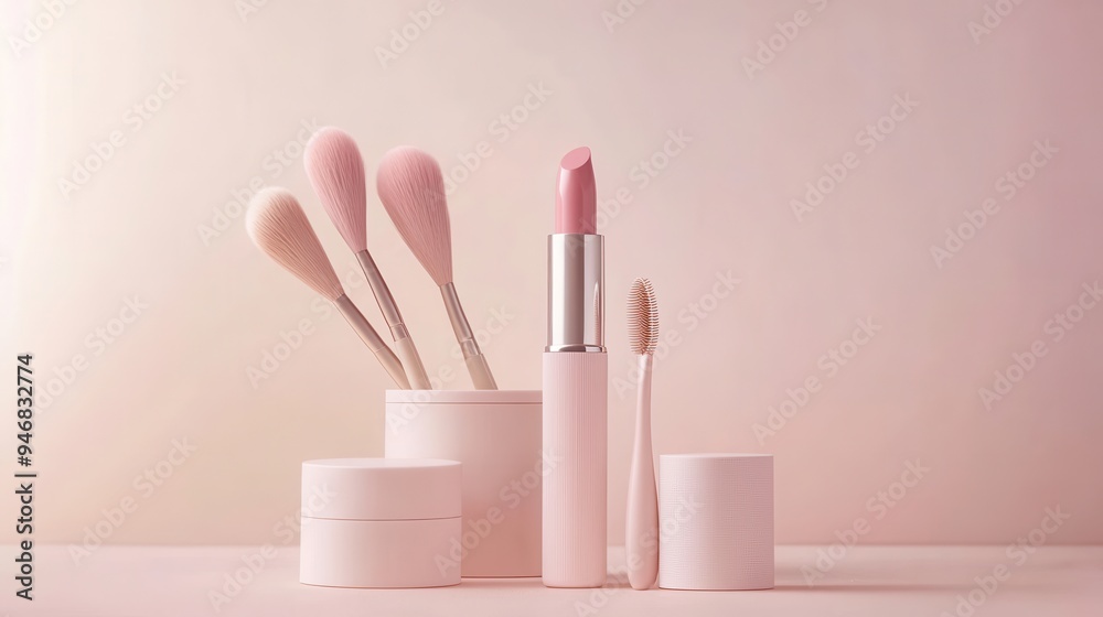A minimalist arrangement showcases a lipstick, makeup brushes, and powder placed on a soft, light background for a clean look. Generative AI A minimalist arrangement showcases a lipstick, makeup brushes, and powder placed on a soft, light background for a clean look. Generative AI