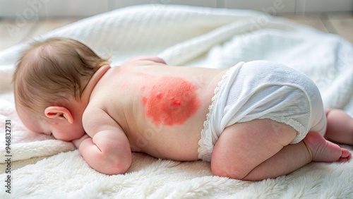 A distressed baby's red, irritated bottom with diaper rash sores and inflammation, lying on a soft white towel with a subtle blurred background.