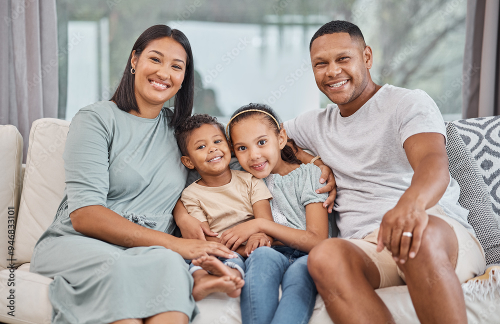 Portrait, happy family and parents with kids in living room for love, care and siblings bonding together. Smile, mother and father with children on sofa for support and connection in home in Mexico Portrait, happy family and parents with kids in living room for love, care and siblings bonding together. Smile, mother and father with children on sofa for support and connection in home in Mexico
