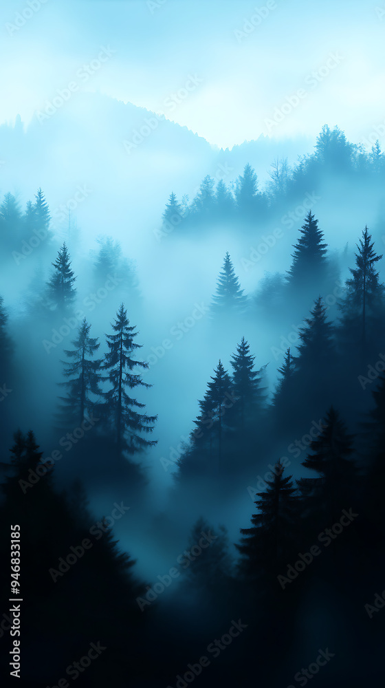 A misty forest scene with tall trees silhouetted against a blue sky. The fog creates a sense of mystery and peace. A misty forest scene with tall trees silhouetted against a blue sky. The fog creates a sense of mystery and peace.