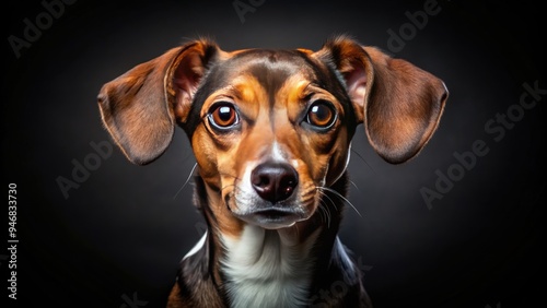 Adorable canine stands alert, gazing upward with big brown eyes, ears perked, against a dramatic black background, showcasing loyalty and affection.