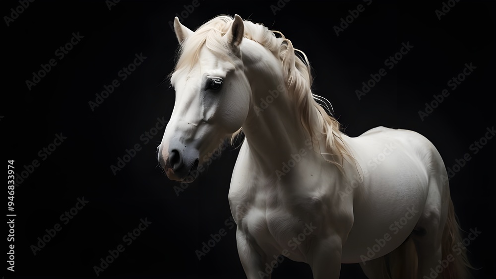 A black background surrounds a white horse with a long mane, its head standing out in the foreground. A black background surrounds a white horse with a long mane, its head standing out in the foreground.