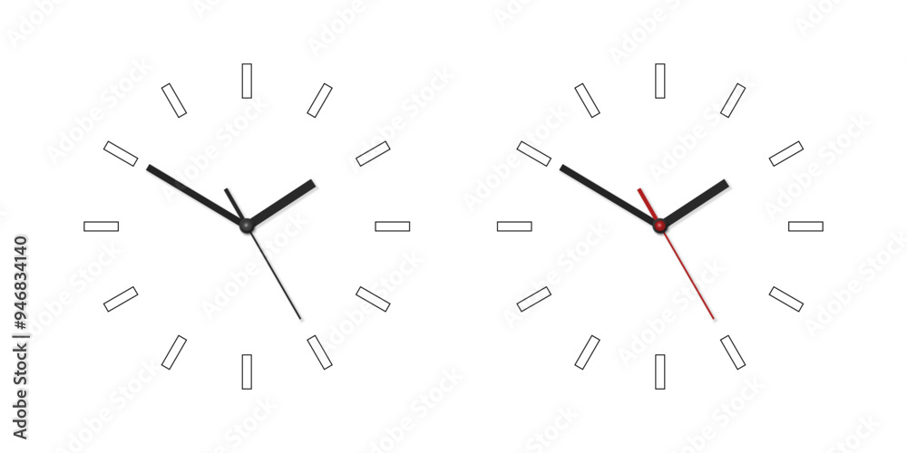 Vector 3d Realistic Wall Office Clock Face Set. White and Black Dial and Clock Hands Closeup Isolated. Design Template. Simple Minimalistic Wall Clocks in Front View Vector 3d Realistic Wall Office Clock Face Set. White and Black Dial and Clock Hands Closeup Isolated. Design Template. Simple Minimalistic Wall Clocks in Front View