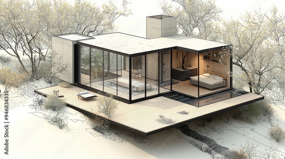 Modern Glass House with Deck and Surrounding Trees Modern Glass House with Deck and Surrounding Trees
