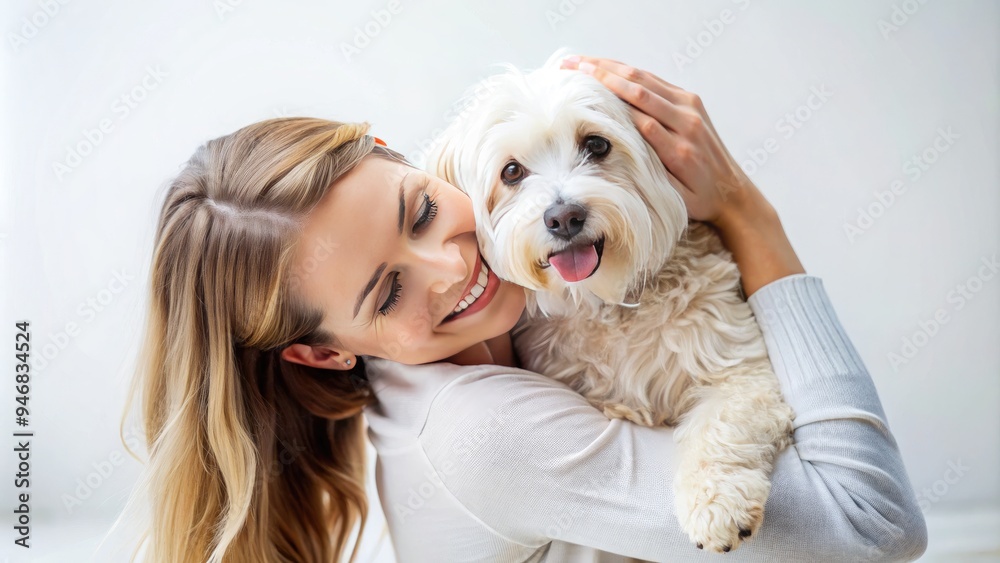 Adorable fluffy dog snuggles up against its owner, who is smiling and gently hugging the pet, set against a clean and minimalist white background. Adorable fluffy dog snuggles up against its owner, who is smiling and gently hugging the pet, set against a clean and minimalist white background.