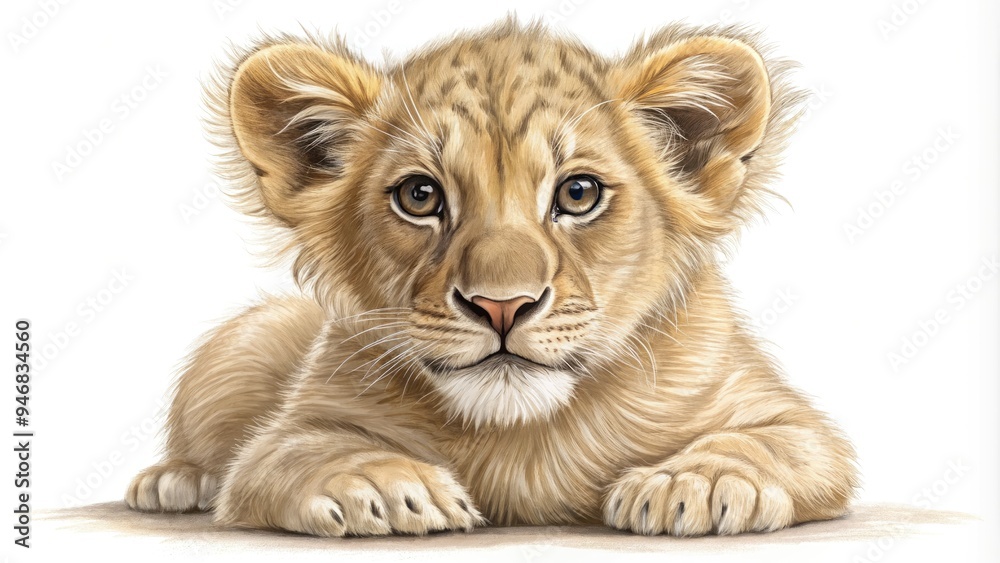 Obraz premium Adorable gentle lion cub illustration in clean line drawing style, showcasing playful whiskers, soft fur, and big curious eyes in subtle earthy tones.
