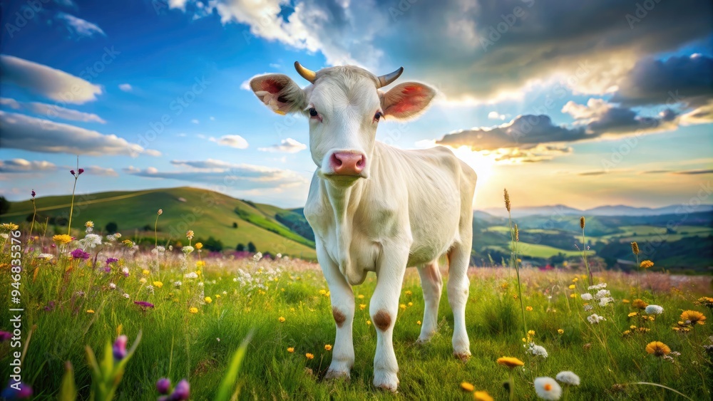 Adorable small white cow with glossy coat and gentle eyes stands alone in a lush green meadow, surrounded by vibrant wildflowers under sunny sky. Adorable small white cow with glossy coat and gentle eyes stands alone in a lush green meadow, surrounded by vibrant wildflowers under sunny sky.