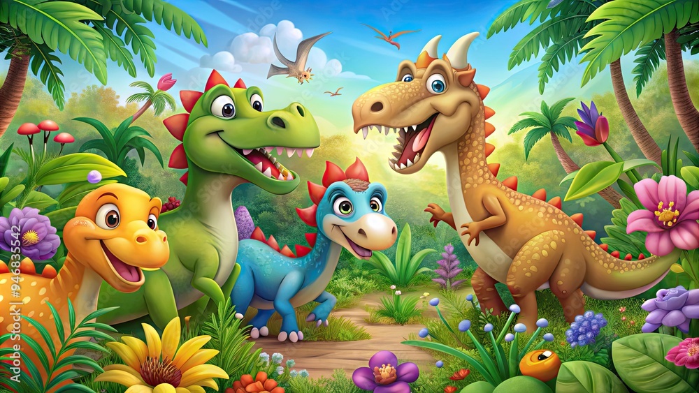 Naklejka premium Adorable, vibrant cartoon dinosaurs, including a smiling T-Rex, triceratops, and stegosaurus, playfully gather around a colorful jungle tree, surrounded by lush greenery and bright flowers.