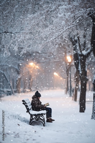 A person reading a book on a snowy park bench during a tranquil winter evening filled with falling snowflakes and glowing streetlights photo