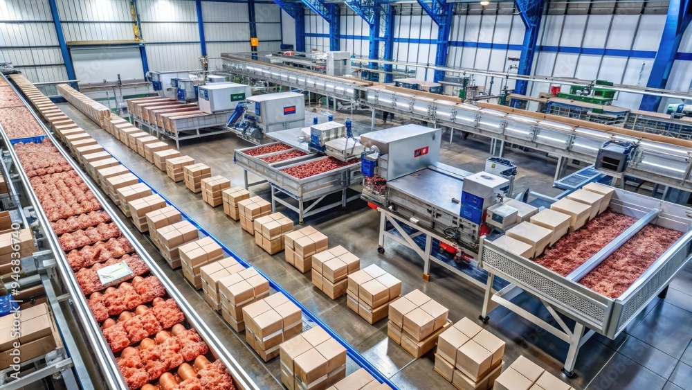Aerial view of a modern meat packaging facility with rows of stainless steel equipment, conveyor belts, and stacks of boxes ready for distribution. Aerial view of a modern meat packaging facility with rows of stainless steel equipment, conveyor belts, and stacks of boxes ready for distribution.