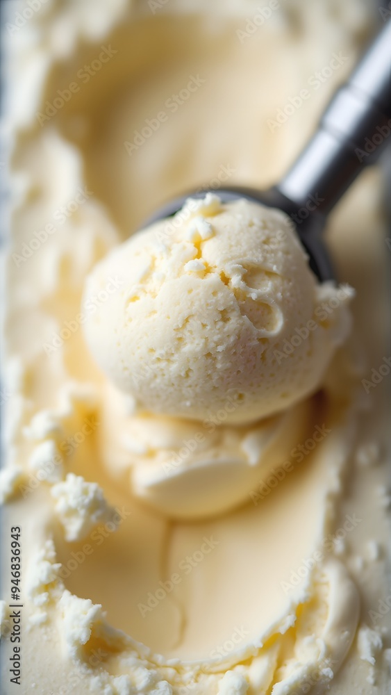 Ball of creamy ice cream wth scoop