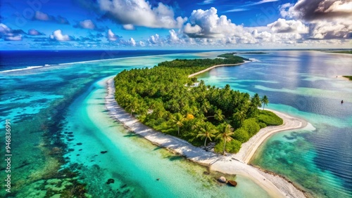 Aerial view of Betio Island, Tarawa Atoll, Kiribati, showcasing a tropical coastline with coral reefs, sandy beaches, and turquoise lagoons surrounded by palm trees.