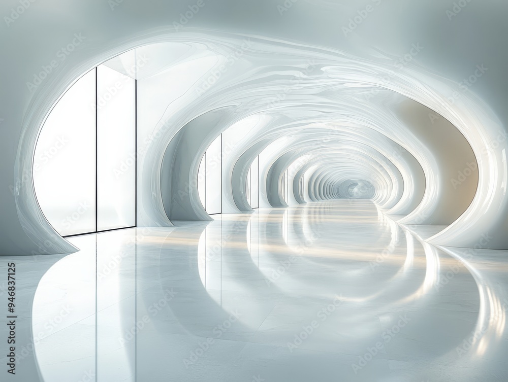 Futuristic White Corridor: Abstract architectural design of a modern, sleek, white hallway with a perspective view that creates an illusion of depth and endlessness.