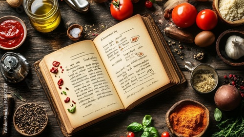 Open recipe book with food related icons above
