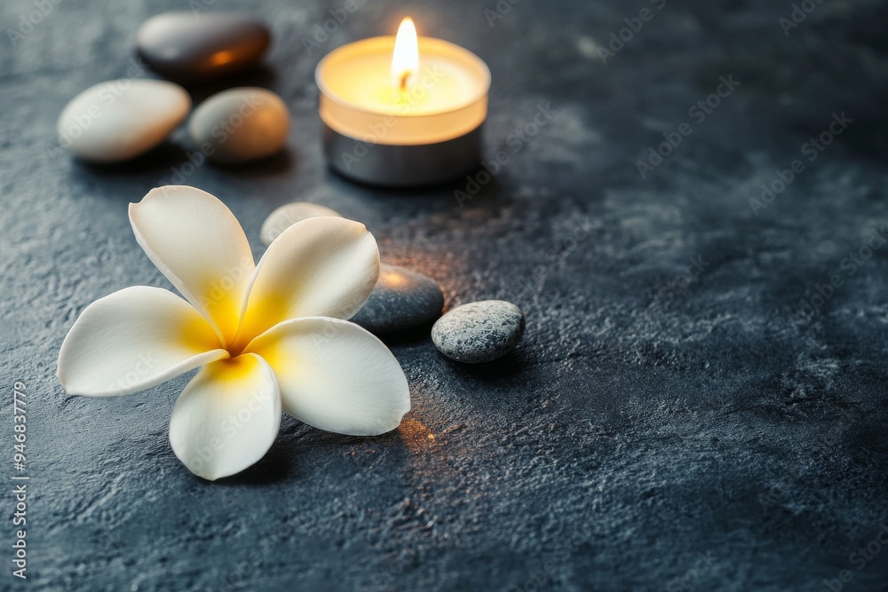Plumeria flower with five petals and stones, there is candle also on grey concrete table in massage bright room, for spa background