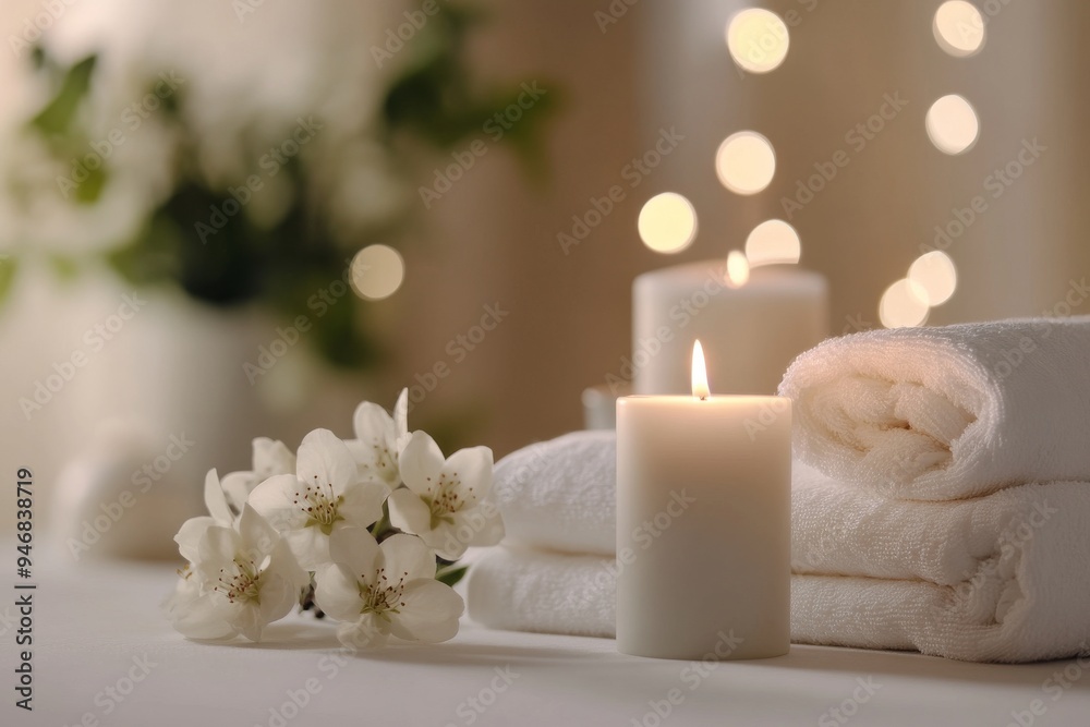 Spa still life with white candle, two white towel stacked well and flowers branch on bright spa massage salon background, copy space for website banner Spa still life with white candle, two white towel stacked well and flowers branch on bright spa massage salon background, copy space for website banner