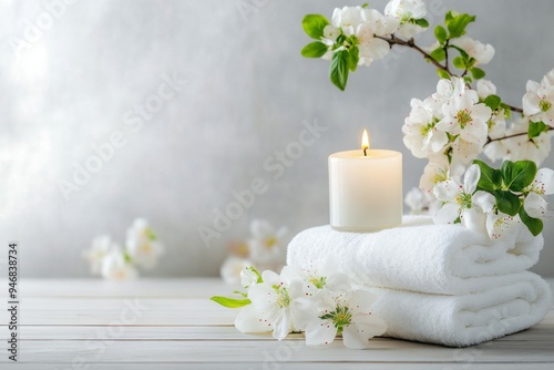 Spa still life with white candle, two white towel stacked well and flowers branch on bright spa massage salon background, copy space for website banner