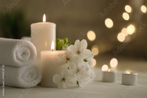 Spa still life with white candle, two white towel stacked well and flowers branch on bright spa massage salon background, copy space for website banner photo