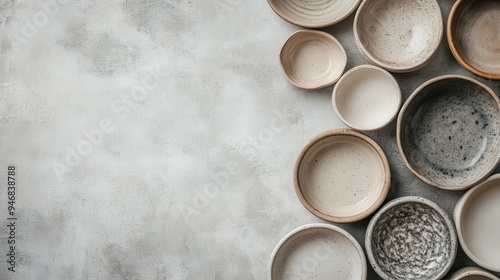 Overhead shot of a variety of ceramic bowls in different sizes and textures, perfectly arranged against a subtle gray concrete background creating a minimalist aesthetic.