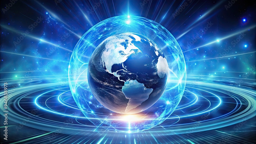 A futuristic 3D illustration of a glowing blue globe surrounded by radiant energy waves, conveying a sense of sustainability and eco-friendly power. A futuristic 3D illustration of a glowing blue globe surrounded by radiant energy waves, conveying a sense of sustainability and eco-friendly power.