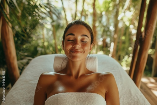 Wallpaper Mural wide composition, wide shoot view,Smiling woman with eyes closed receiving massage therapy at a luxury resort in spa, from front, realistic photography Torontodigital.ca