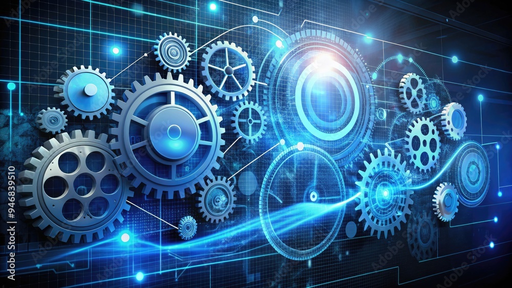 Fototapeta premium A futuristic digital illustration showcases the iterative product development cycle, featuring interconnected gears, charts, and diagrams highlighting research, design, testing, and launch phases.