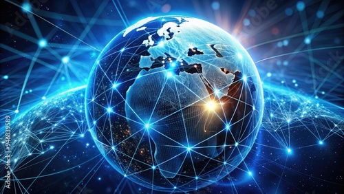 A futuristic globe with glowing blue connections and data streams illustrating the concept of wide area networks and global data transmission over the internet. photo