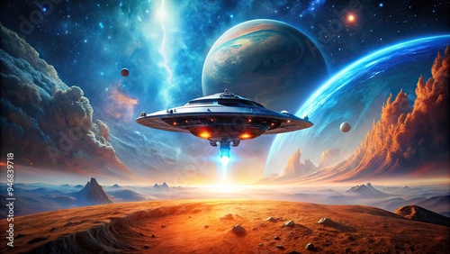 A futuristic, glowing spaceship descends onto a barren, Extraterrestrial planet's rust-red terrain, surrounded by a swirling, electric-blue nebula under a starry, high-dynamic-range sky.