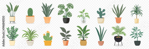 Cute Indoor Plants, Flat Vector Set. House Plants in Ceramic Pots, Cups, Basket Planters. Decorative Indoor Plant Collection Isolated on White. Colorful Houseplant Design Illustration