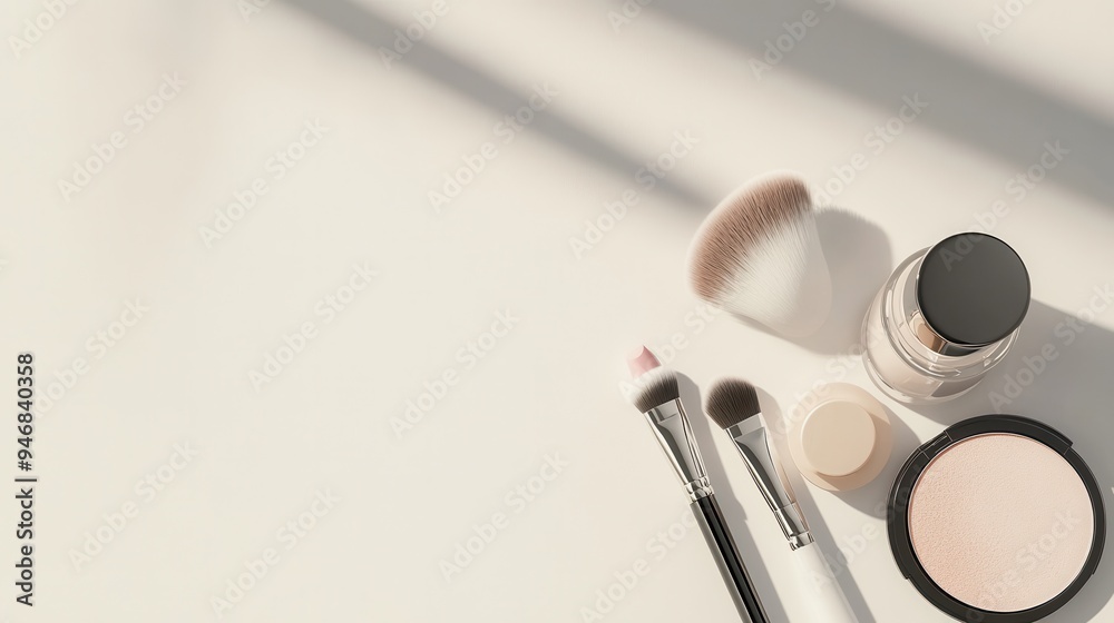 A curated selection of lipstick, makeup brushes, and powder features a minimalist aesthetic on a clean light background. Generative AI A curated selection of lipstick, makeup brushes, and powder features a minimalist aesthetic on a clean light background. Generative AI