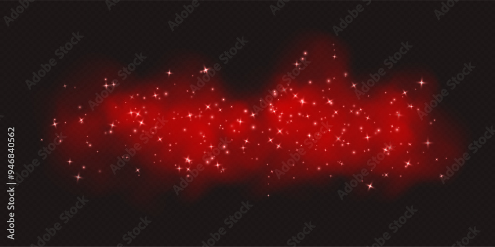 Red magic smoke with stars and sparkles, fog with glowing particles, colorful vapor with star dust. Fantasy haze overlay. Vector illustration.