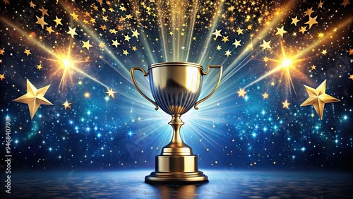 A gleaming golden trophy surrounded by shimmering stars and radiant light, symbolizing exceptional achievement and excellence in a dark blue night sky background.
