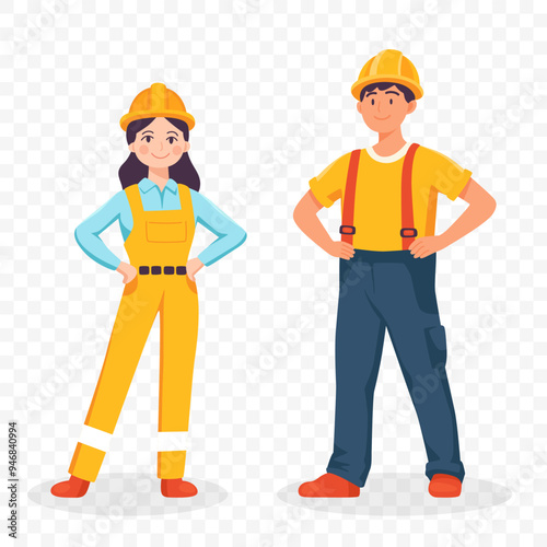 Construction Workers Man, Woman. Labor Day Concept. Male, Female Workers Wearing Safety Helmets. Construction Workers, Teamwork Illustration for Labor Day Event. Vector Illustration