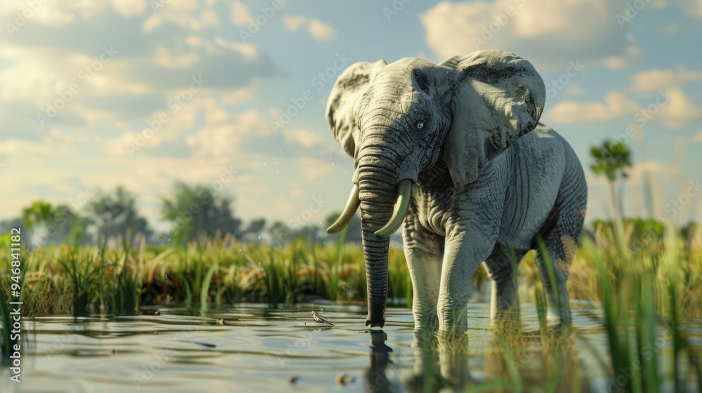 Fototapeta premium Elephant closeup with natural landscape generative ai