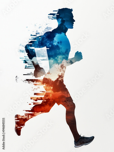 A dynamic silhouette of a runner infused with vibrant colors, symbolizing energy, speed, and the thrill of motion. photo