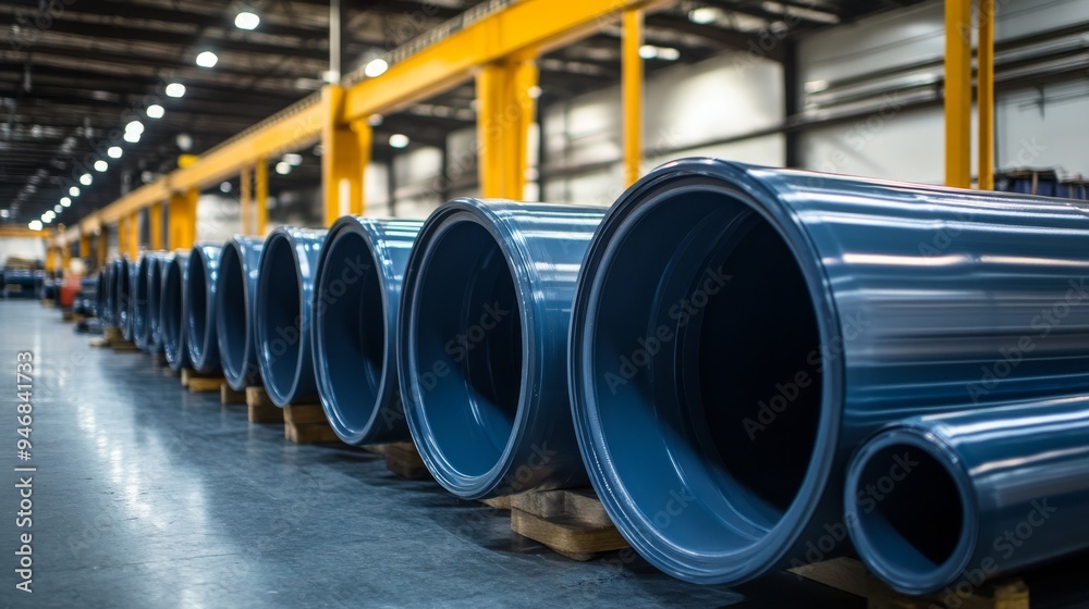 Close-up of stacked plastic pipes in a pipe and tube factory. Large pipes lined up in an industry. Close-up of stacked plastic pipes in a pipe and tube factory. Large pipes lined up in an industry.