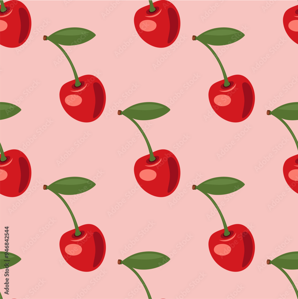 Vector Seamless Pattern with Adorable Cherry on Pink Background. Cute Cherries for Valentine s Day, Love, Romance Concept Vector Seamless Pattern with Adorable Cherry on Pink Background. Cute Cherries for Valentine s Day, Love, Romance Concept