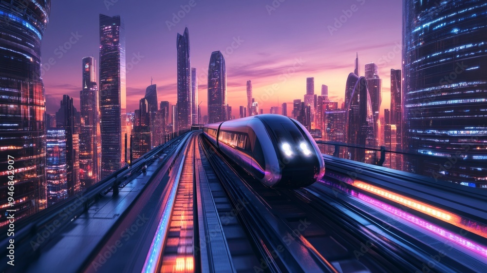 Fototapeta premium A sleek and futuristic train glides through a vibrant city skyline. The scene captures the essence of modern technology and innovation. It showcases a stunning sunset and vibrant colors. AI