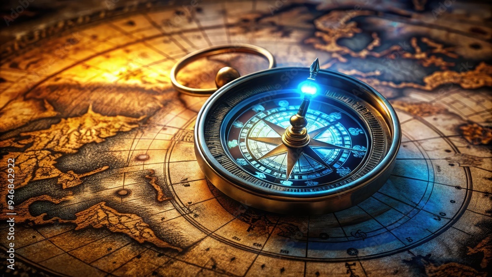 Fototapeta premium A intricately designed compass with glowing blue needle and stars, surrounded by ancient map fragments and cryptic symbols, evoking a sense of adventure and discovery.