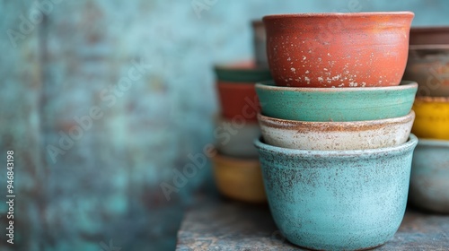 An artful arrangement of colorful ceramic bowls stacked neatly, showcasing their various vibrant hues and craftsmanship, contributing to a visually appealing display. photo