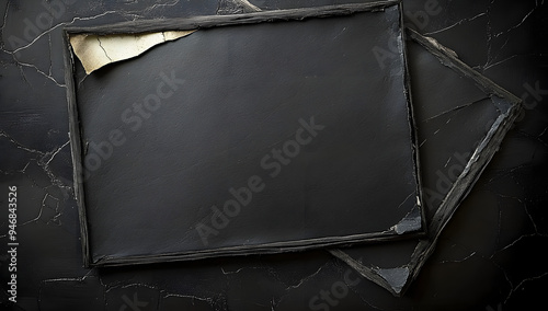A ripped and scratched ratty grungy grungy grunge texture isolated on black folded edges of an old black square envelope.