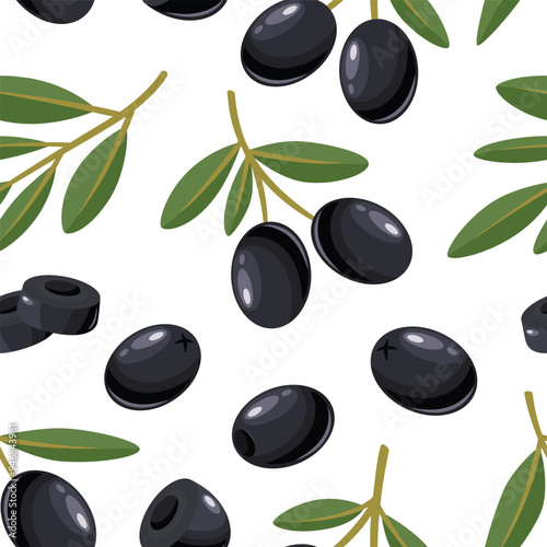 Vector Seamless Pattern with Flat Vector Green Olives. Olive Berries on a Branch. Hand Drawn Olive Tree Berry Design Template for Olive Oil Products, Packaging, Food Concept