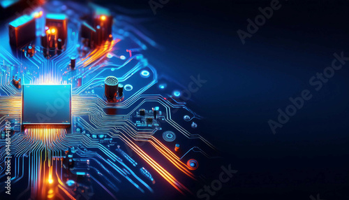 A close-up view of a computer microchip on a glowing circuit board, showing intricate blue and orange electronic connections, components, and pathways on a dark background. Copy space on the right